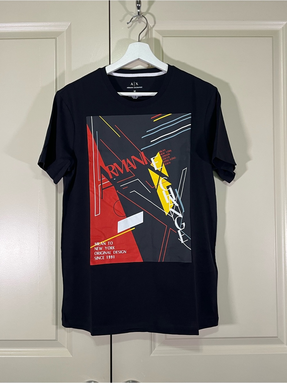 Armani Exchange Black Short Sleeve Tee with Red & Yellow Graphic